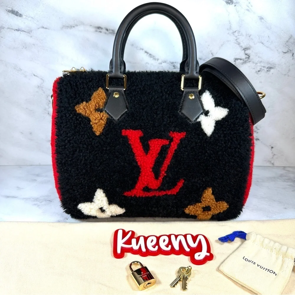 Louis Vuitton Teddy Speedy 25 red/black Monogram Shearling Bandouliere LV Bag - Picture 2 of 16